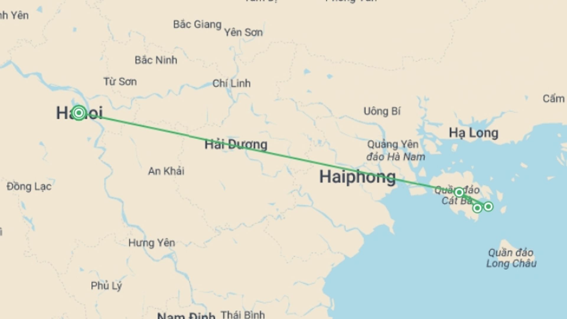 A map showing the tour itinerary for the trip: 3-day Cruise On Lan Ha Bay And Beach Resort, starting in Hanoi, Vietnam and ending in Hanoi, Vietnam going through 3 other destinations.
