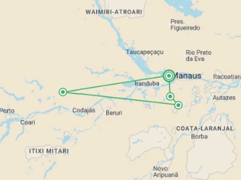 Map itinerary of South America Tour in July 2026 with 4 destination visits for the trip: Manaus Amazon Express - 4 days