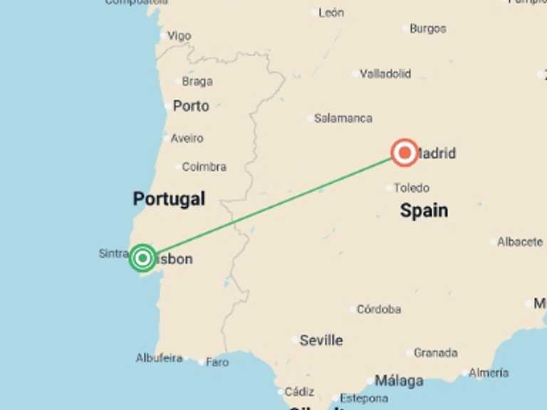 Map of Europe Tour with 2 destination visits for the trip: Iberian Capitals