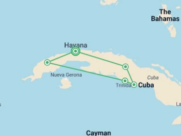 Map of Havana Cultural, religious and historic sites Tour with 4 destination visits for the trip: The Best of Western Cuba