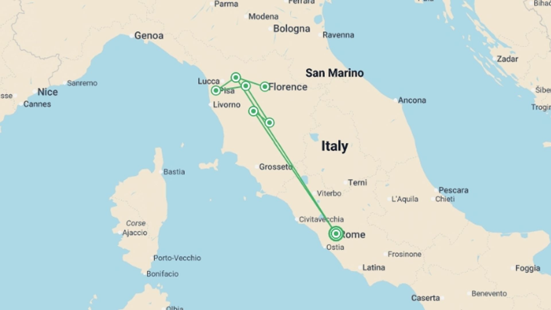 A map showing the tour itinerary for the trip: Rome and Tuscan Highlights, starting in Rome, Italy and ending in Rome, Italy going through 4 other destinations.