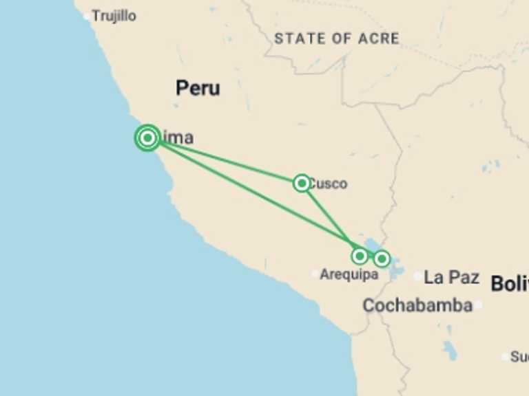 Map of South America Tour with 4 destination visits for the trip: Totally Peru - 9 days