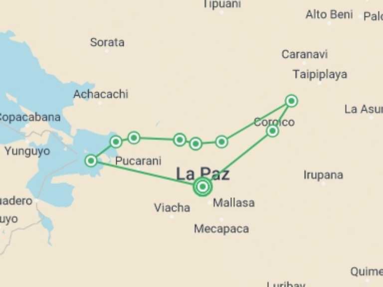Map itinerary of La Paz Tour in February 2027 with 11 destination visits for the trip: Crossing the Andes: Authentic Bolivian Experience