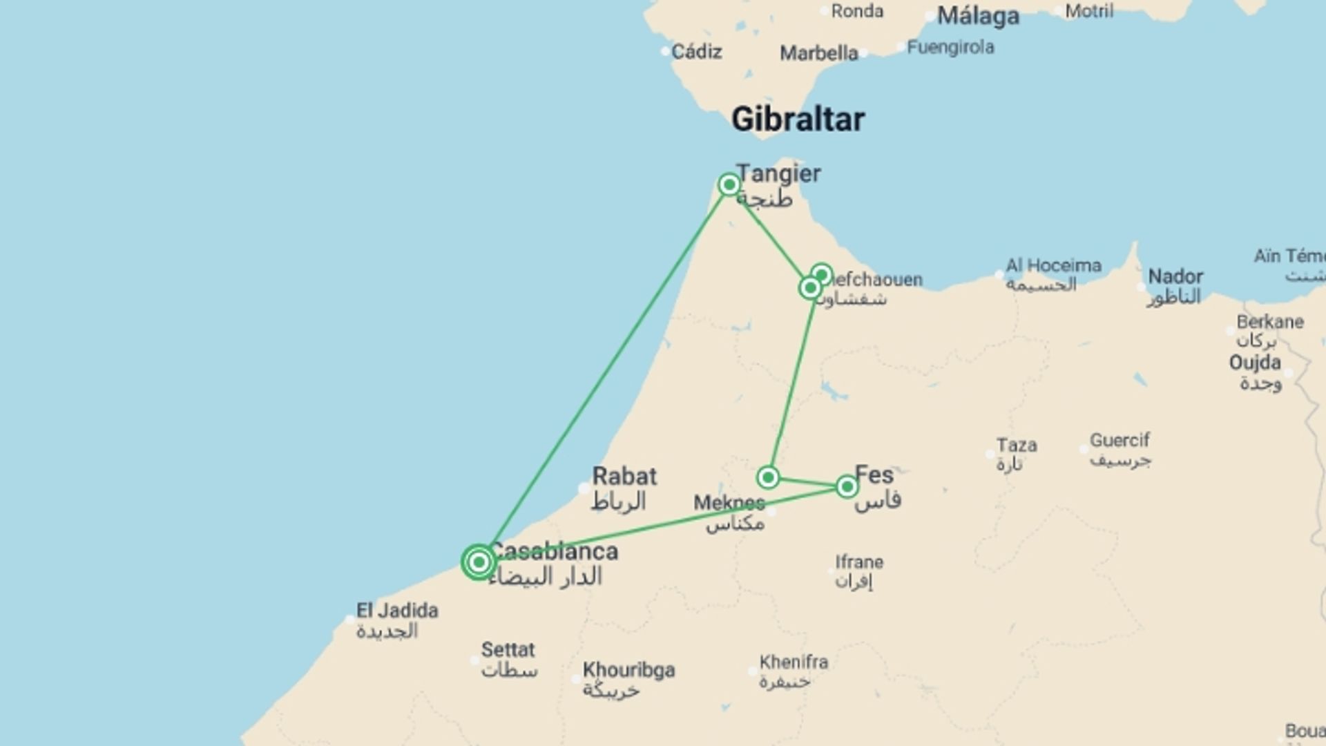 A map showing the tour itinerary for the trip: Discover North Morocco & Chefchaouen, starting in Casablanca, Morocco and ending in Casablanca, Morocco going through 5 other destinations.