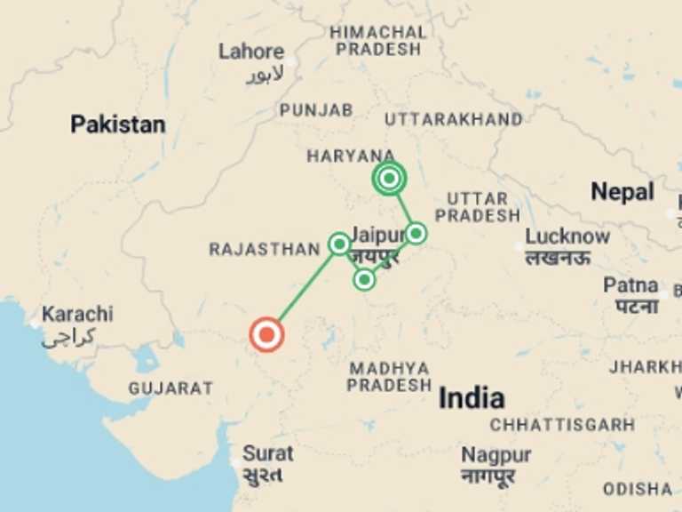 Map of Udaipur City sightseeing Tour with 5 destination visits for the trip: Eternal India Express