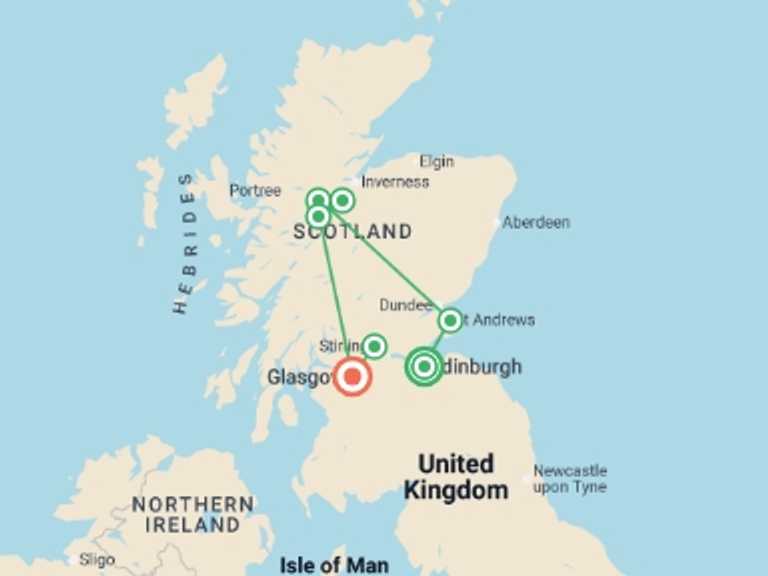 Map of Glasgow Tour with 3 destination visits for the trip: Scotland in a Week
