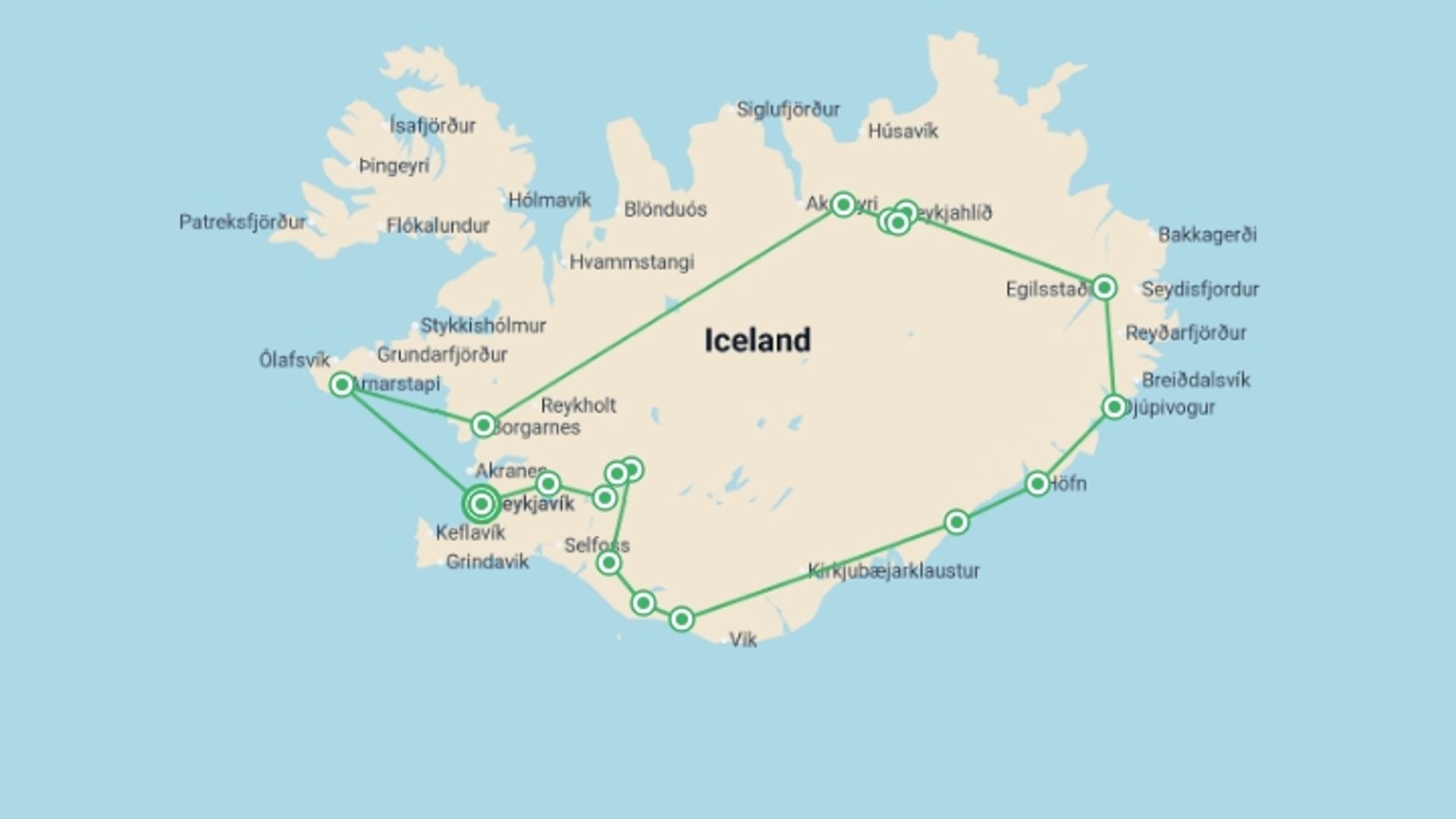 A map showing the tour itinerary for the trip: Iceland Circle & Solar Eclipse 2026 - 8 days, starting in Reykjavik, Iceland and ending in Reykjavik, Iceland going through 5 other destinations.