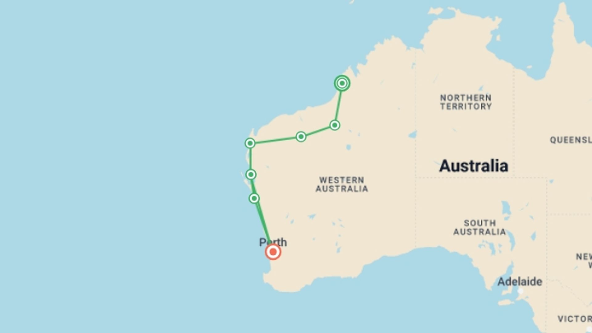 A map showing the tour itinerary for the trip: Broome to Perth Safari, starting in Broome, Australia and ending in Perth, Australia going through 5 other destinations.