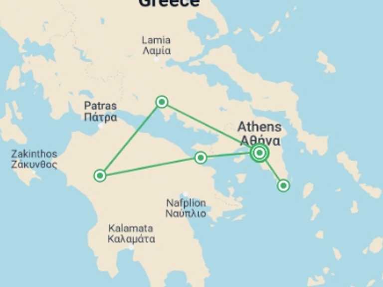 Map of 5-Day Athens Tour with 3 destination visits for the trip: Classical Tour Greece Nafplion, Olympia, Delphi - Private Tour