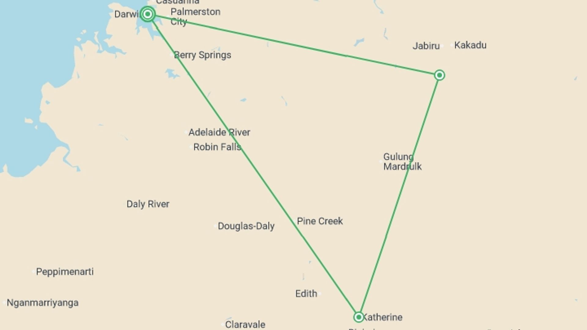 A map showing the tour itinerary for the trip: Top End & Kakadu Adventure, starting in Darwin, Australia and ending in Darwin, Australia going through 2 other destinations.