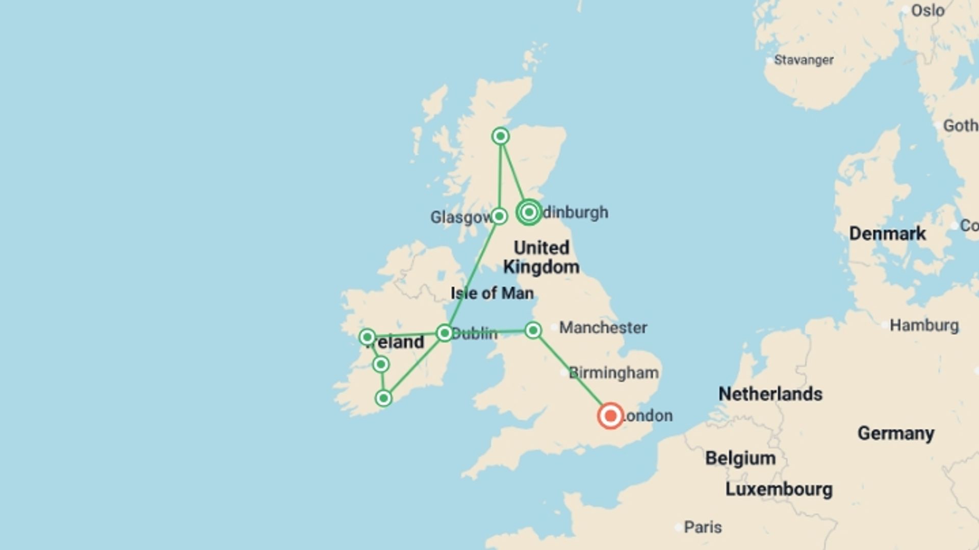 A map showing the tour itinerary for the trip: Scotland and Ireland with London, starting in Edinburgh, Scotland and ending in London, England going through 7 other destinations.