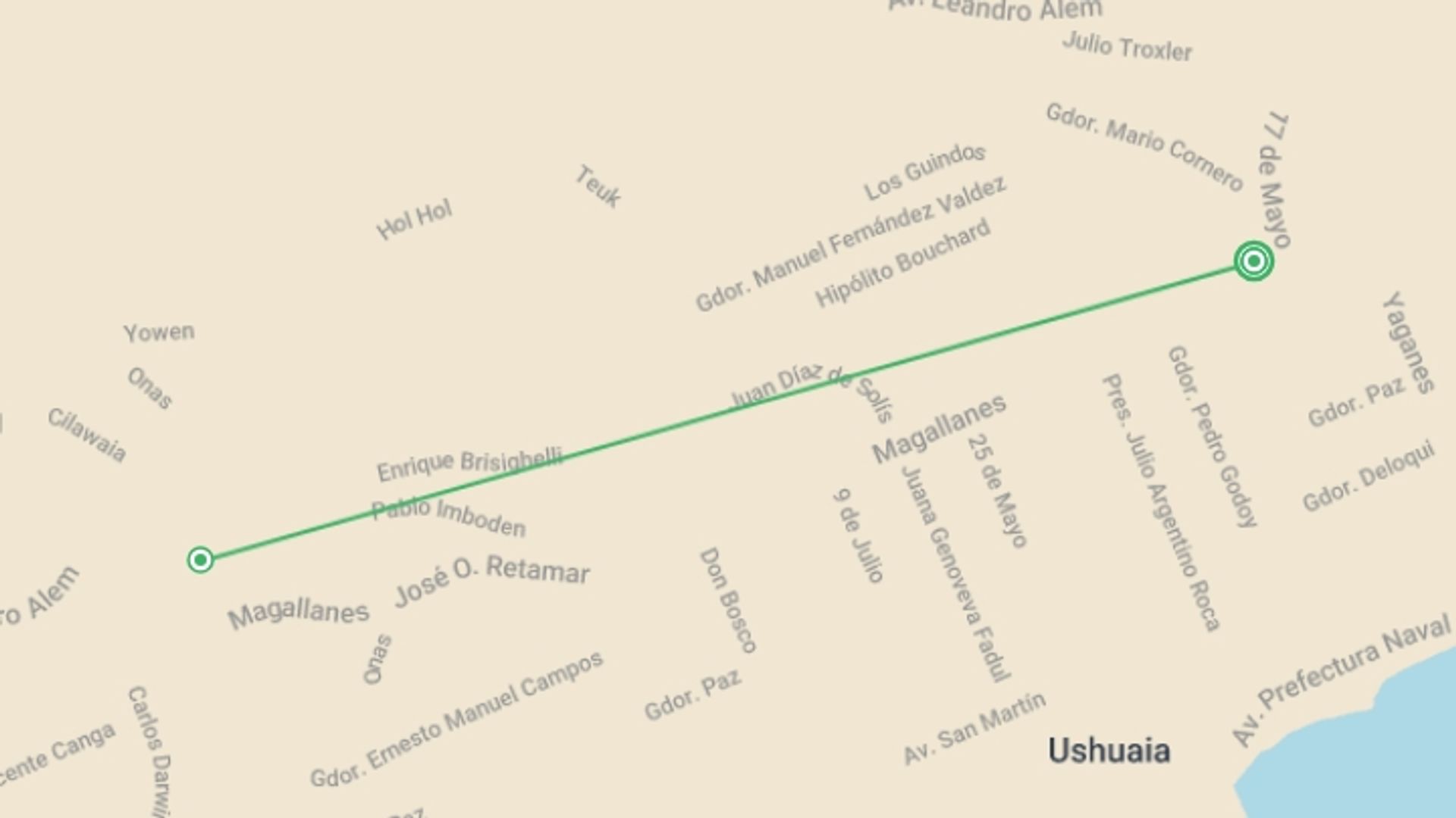 A map showing the tour itinerary for the trip: Argentina: Ushuaia Tour - 4 days, starting in Ushuaia, Argentina and ending in Ushuaia, Argentina going through 1 other destinations.