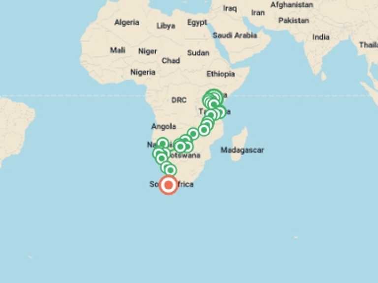 Map of Windhoek Wildlife Tour with 29 destination visits for the trip: 43-day Kenya to Cape Town Accommodated