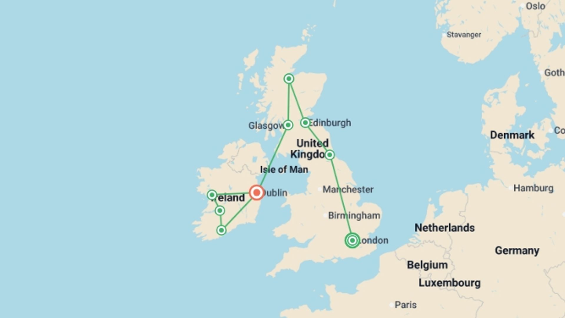 A map showing the tour itinerary for the trip: Leisurely United Kingdom and Ireland, starting in London, England and ending in Dublin, Ireland going through 7 other destinations.