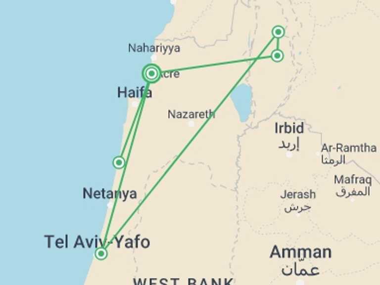 Map itinerary of Tel Aviv Tour in June 2026 with 2 destination visits for the trip: Caesarea And Golan Tour, 2 Days From Tel Aviv