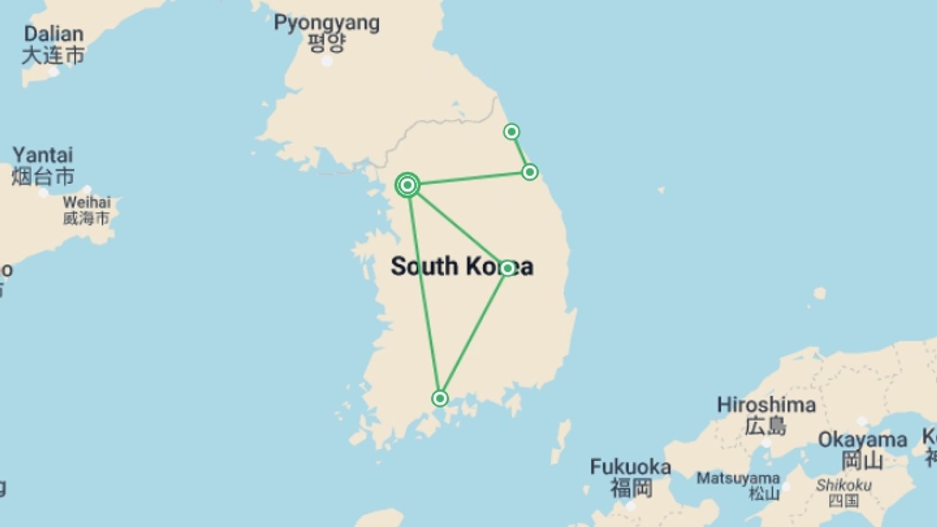 A map showing the tour itinerary for the trip: South Korea Highlights, starting in Seoul, South Korea and ending in Seoul, South Korea going through 3 other destinations.