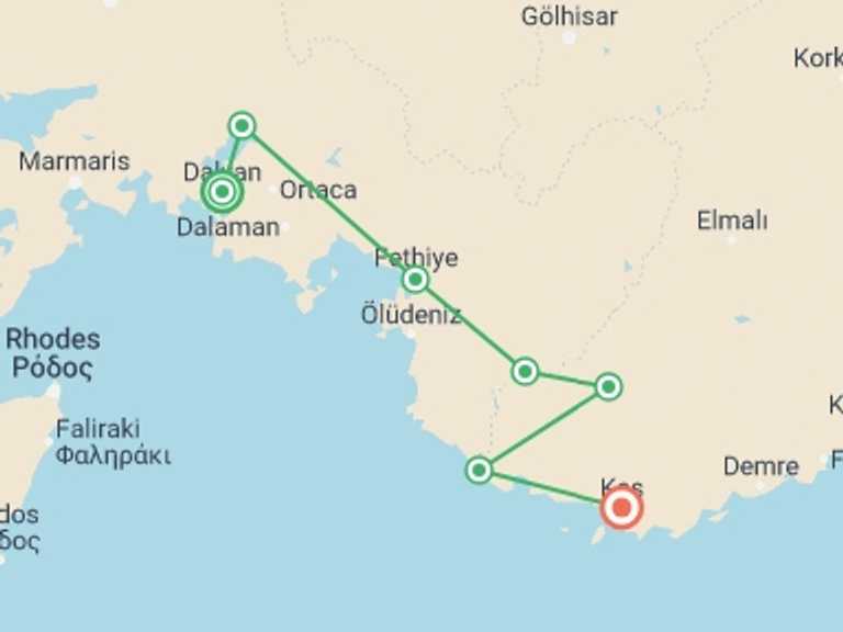 Map itinerary of Fethiye Tour in Spring with 7 destination visits for the trip: Cycle Turkey