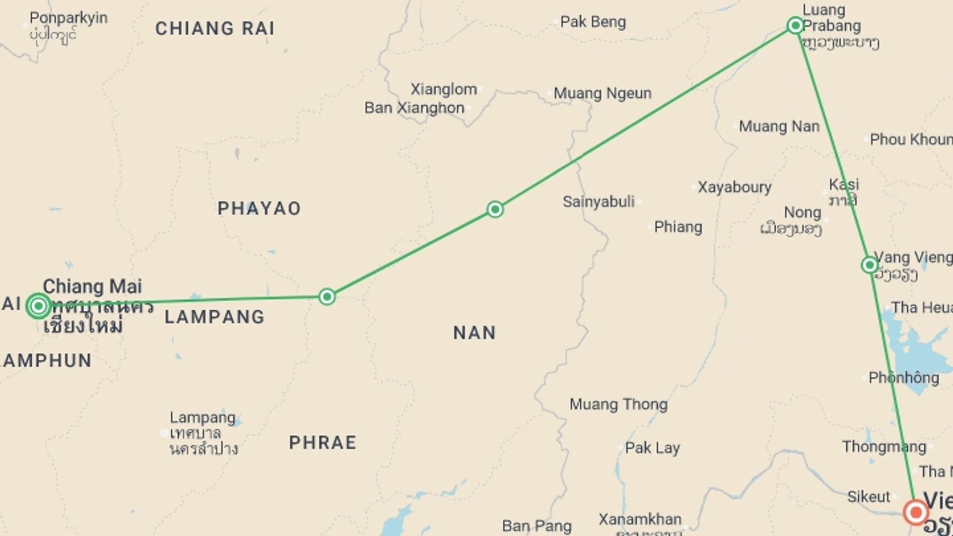 A map showing the tour itinerary for the trip: Essential Thailand & Laos, starting in Chiang Mai, Thailand and ending in Vientiane, Laos going through 4 other destinations.