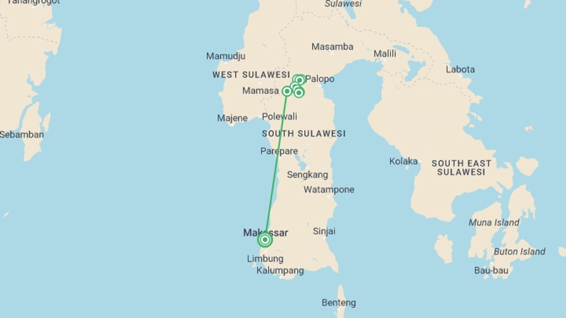 A map showing the tour itinerary for the trip: Four Day Tana Toraja Adventure, starting in Makassar, Indonesia and ending in Makassar, Indonesia going through 2 other destinations.