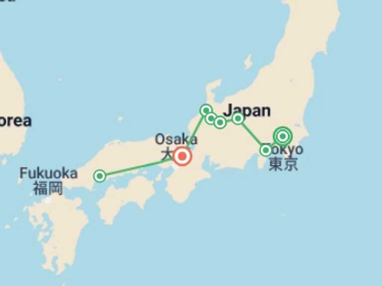 Map itinerary of Tokyo Tour in February 2027 with 2 destination visits for the trip: Cultural Treasures of Japan 
