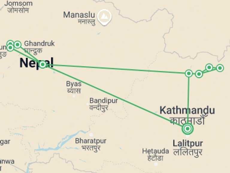Map itinerary of Nepal Tour in Winter with 11 destination visits for the trip: Joint Treks of Langtang and Poon Hill - 12 Days