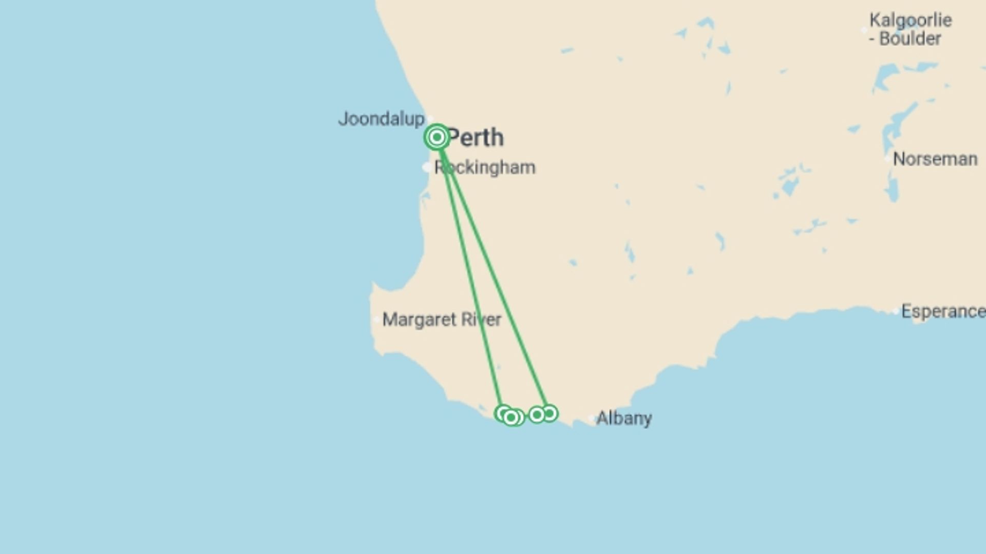 A map showing the tour itinerary for the trip: Hike the Bibbulmun Track: Walpole to Denmark, starting in Perth, Australia and ending in Perth, Australia going through 6 other destinations.