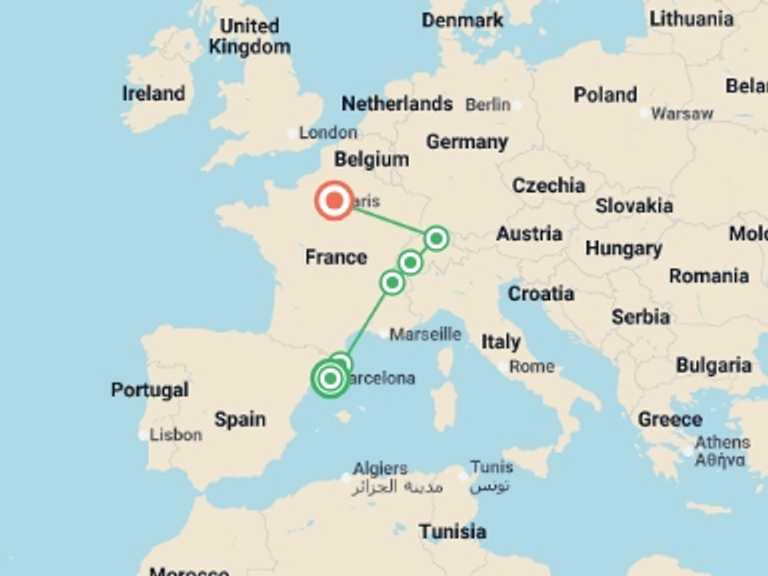 Map of Europe Walking Tour with 6 destination visits for the trip: Barcelona to Zurich with Paris