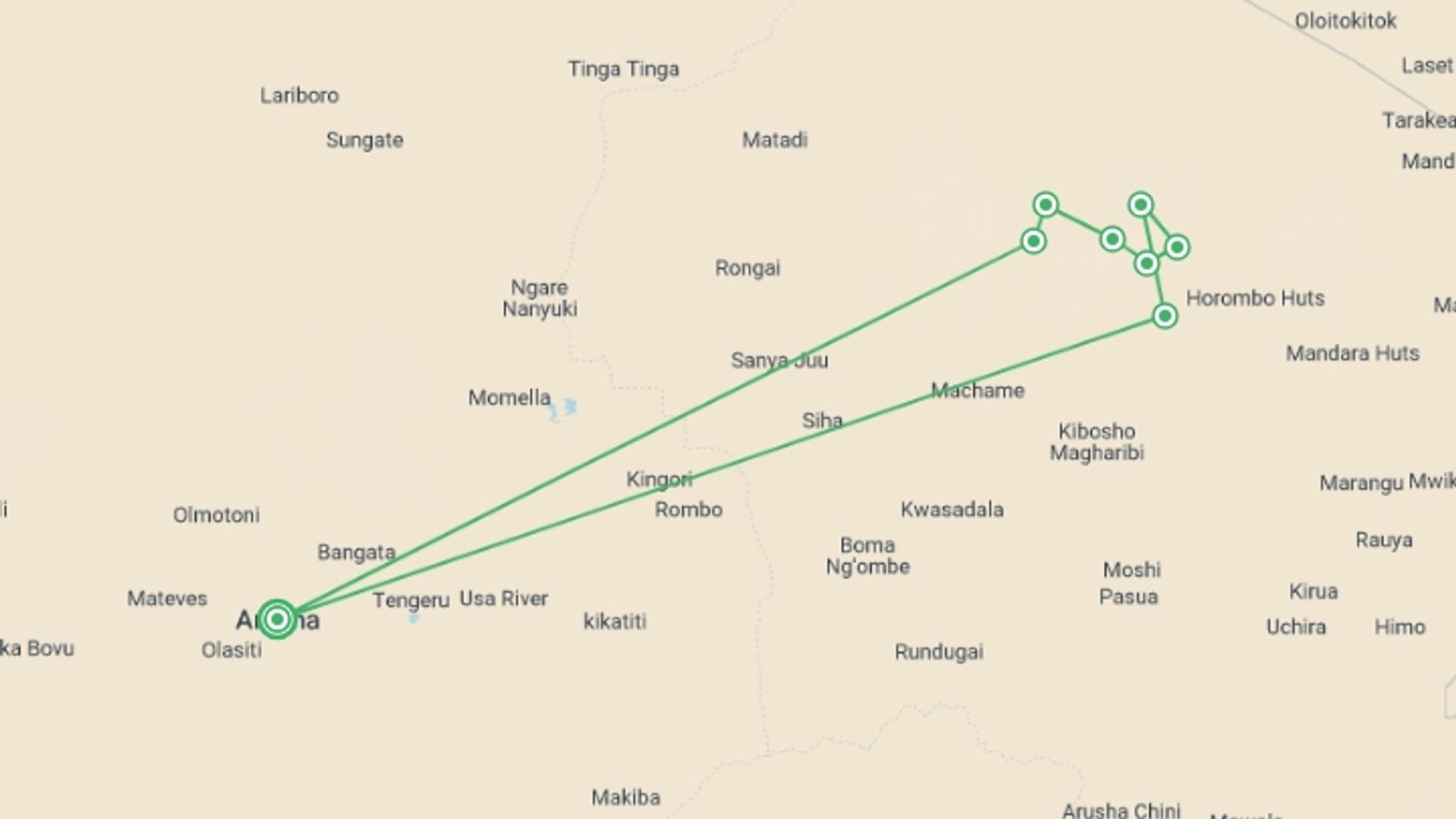 A map showing the tour itinerary for the trip: 8-Day Mt Kilimanjaro Summit Climb (Machame Route), starting in Arusha, Tanzania and ending in Arusha, Tanzania going through 7 other destinations.