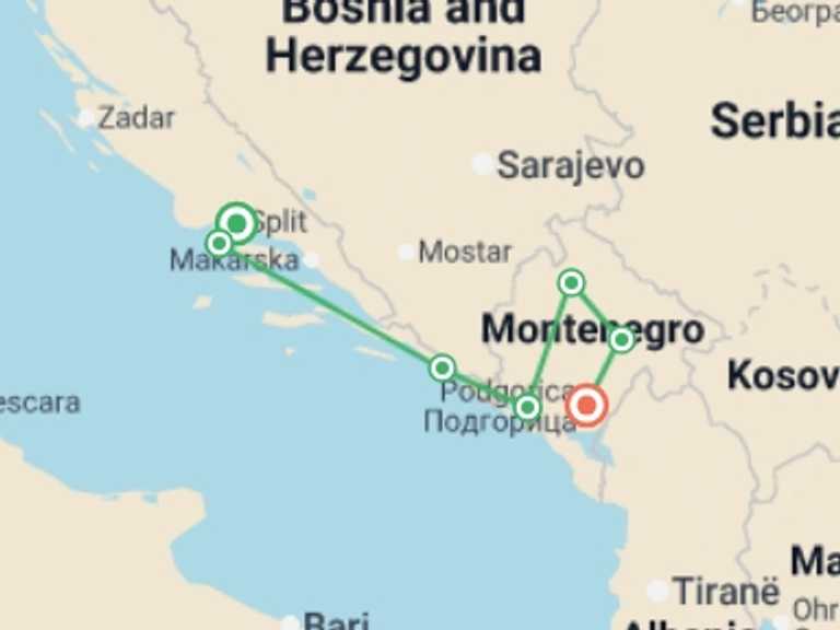 Map itinerary of Balkans Tour in Fall with 7 destination visits for the trip: Adriatic Adventure: Sail Croatia & Montenegro Discovery