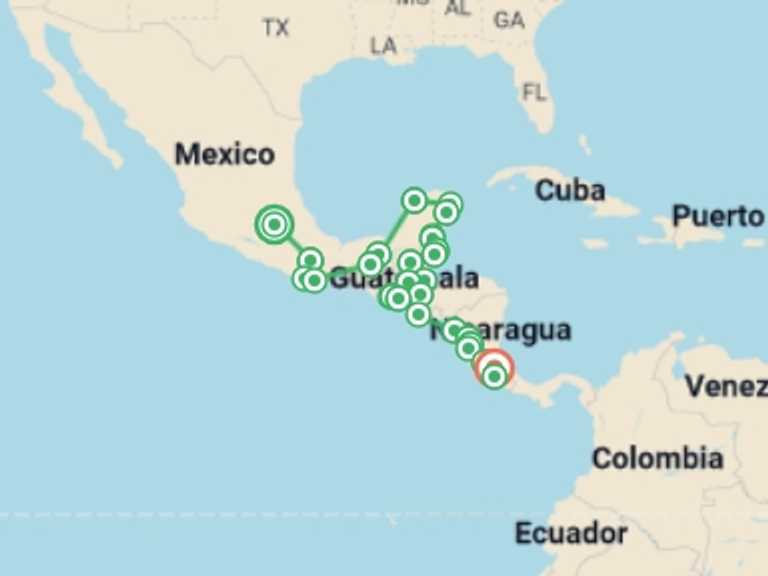 Map itinerary of South America Tour in November 2026 with 28 destination visits for the trip: Mexico City to San Jose Travel Pass
