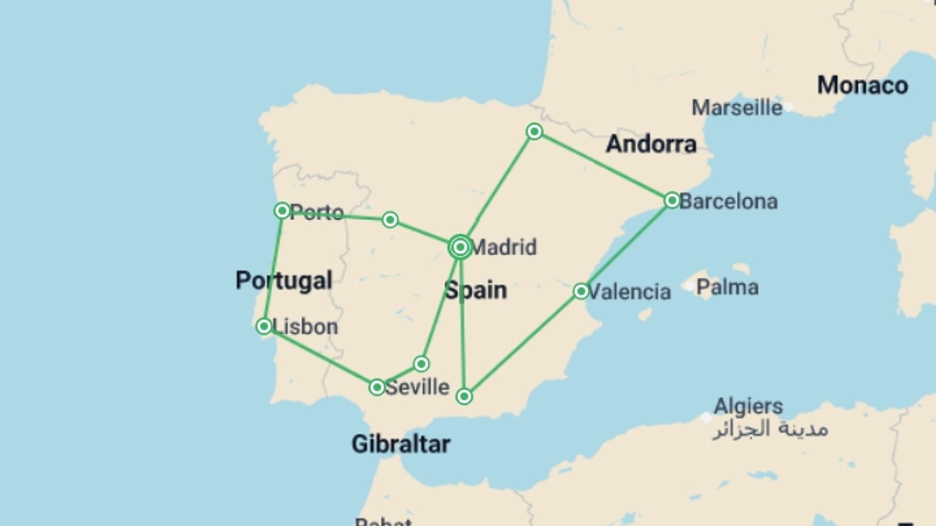 A map showing the tour itinerary for the trip: Best of Spain and Portugal, starting in Madrid, Spain and ending in Madrid, Spain going through 9 other destinations.