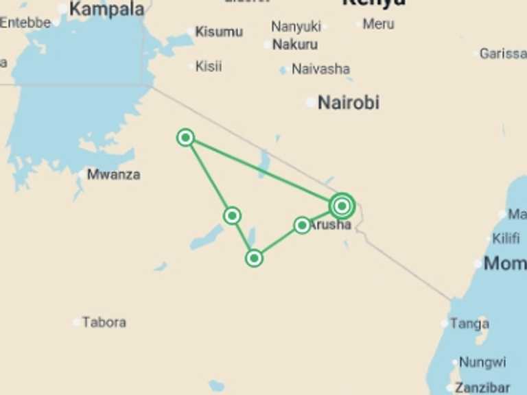 Map itinerary of Tanzania Tour in January 2027 with 5 destination visits for the trip: Tanzania Safari with Serengeti - Small Group