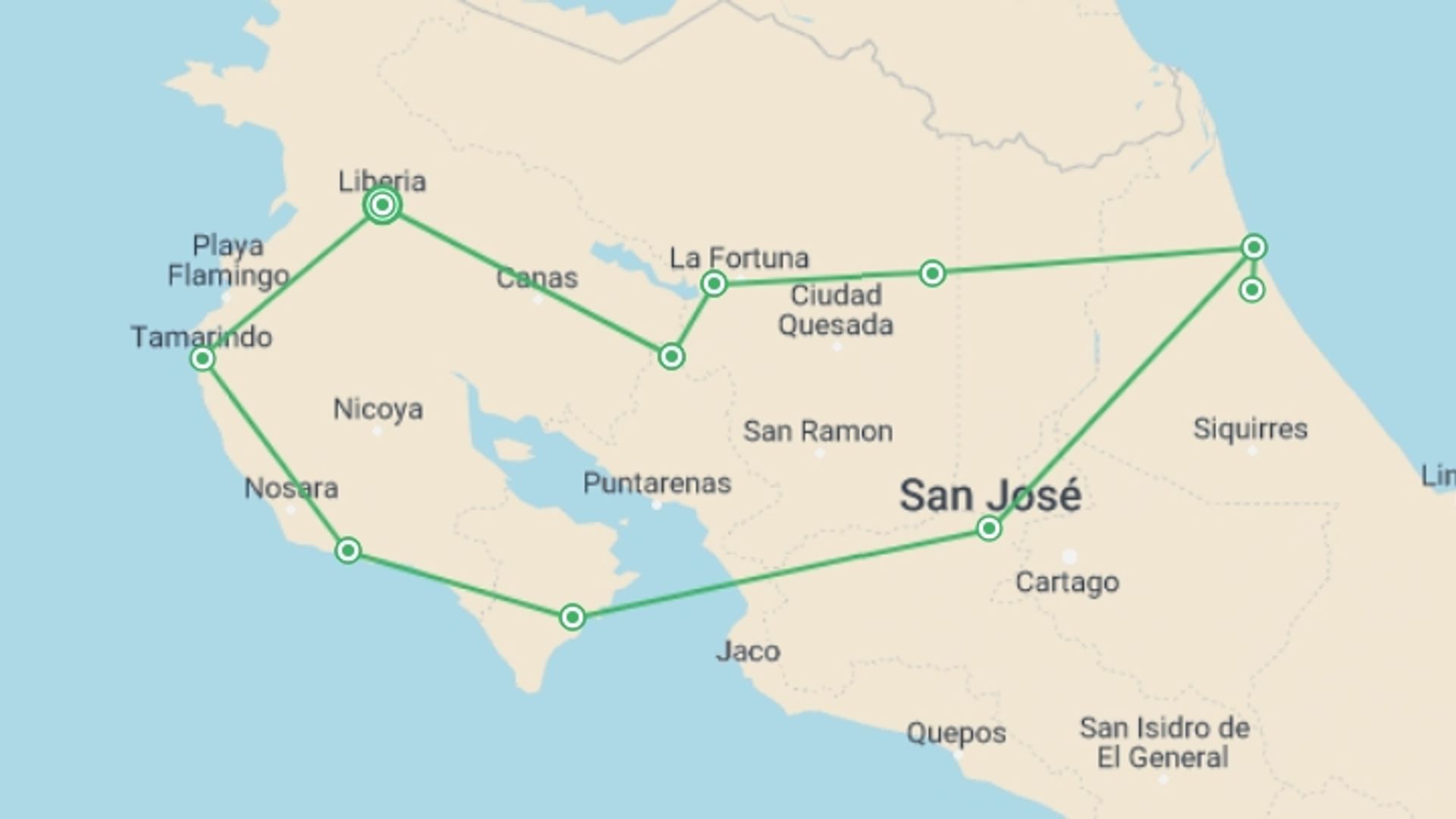 A map showing the tour itinerary for the trip: Beaches And Nature With Tambor, Self-drive, starting in Liberia City, Costa Rica and ending in Liberia City, Costa Rica going through 9 other destinations.
