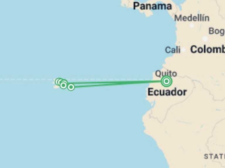 Map itinerary of Quito Tour in October 2025 with 8 destination visits for the trip: Classic Galapagos: Central Eastern Islands (Grand Queen Beatriz)