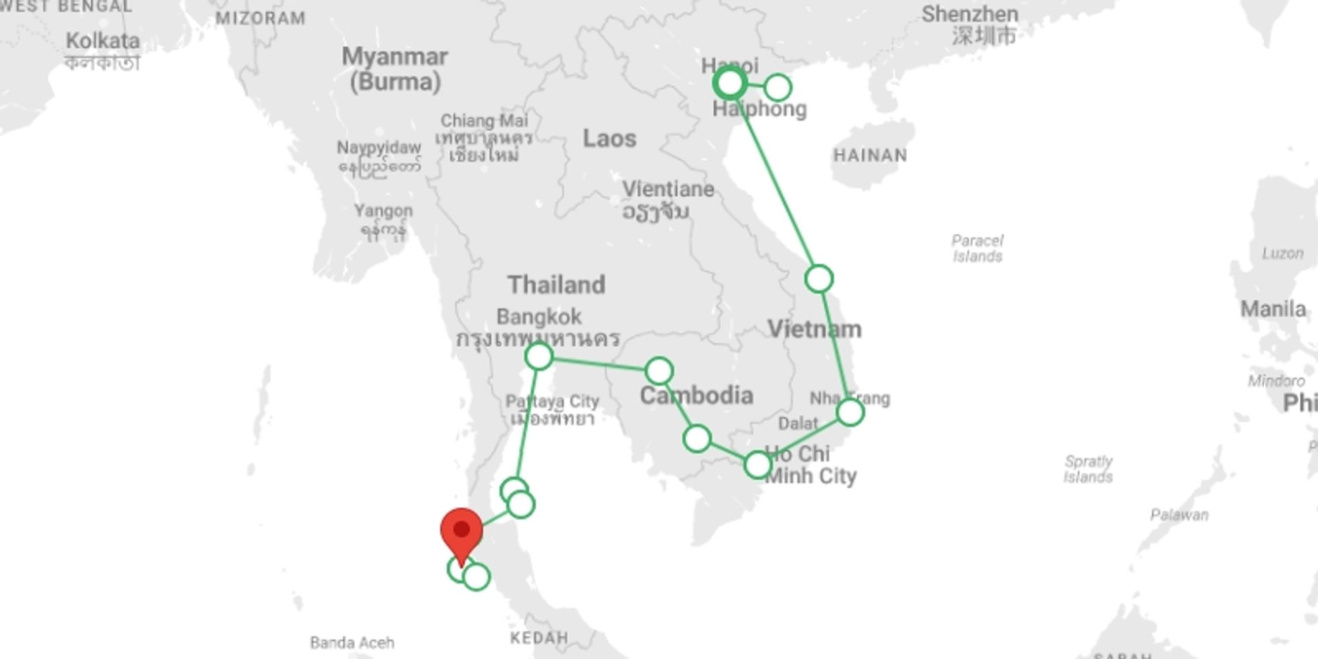 A map showing the tour itinerary for the trip: Get Social: Big Southeast Asia, starting in Hanoi, Vietnam and ending in Phuket, Thailand going through 11 other destinations.