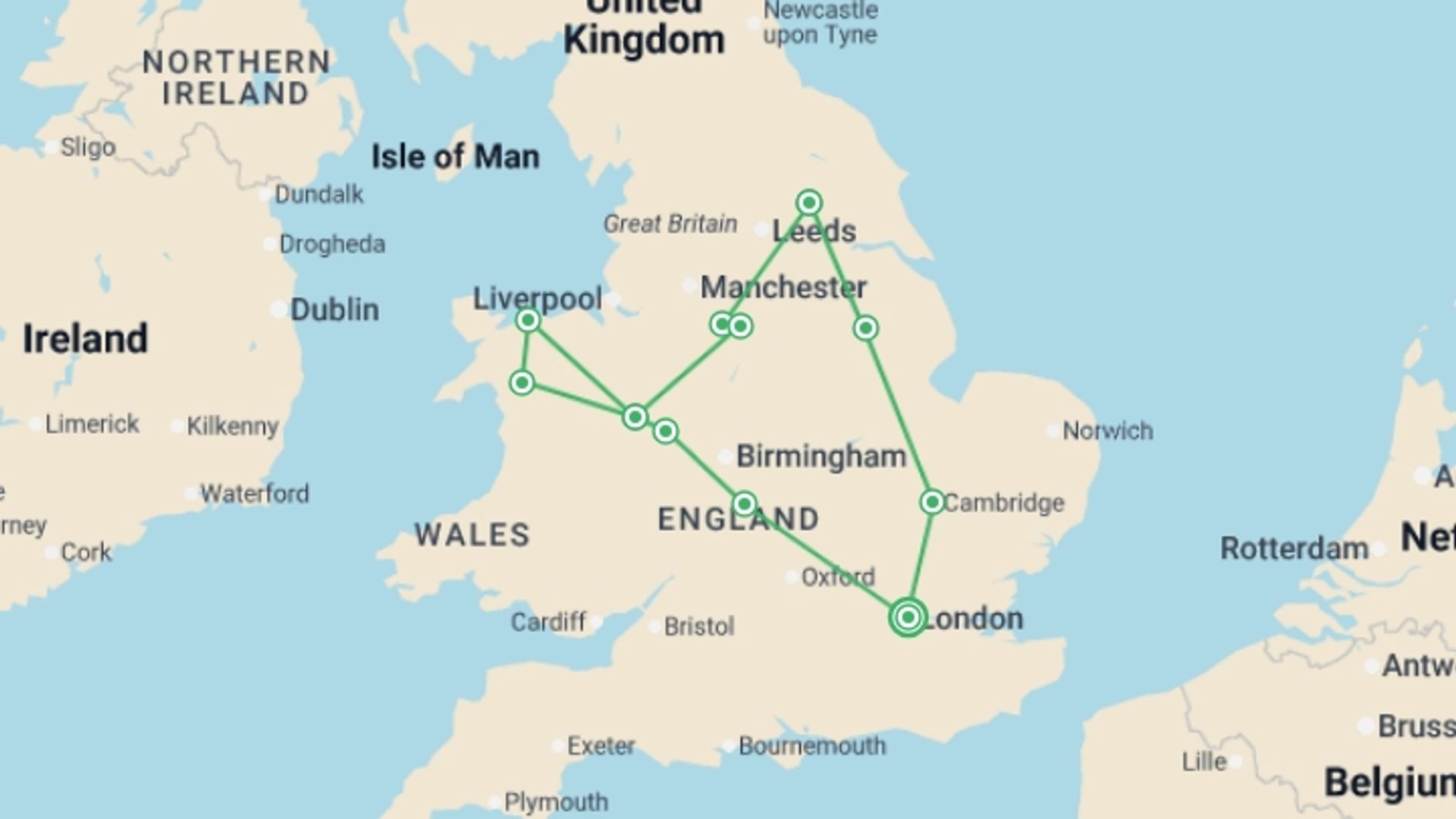 A map showing the tour itinerary for the trip: Shakespeare, Snowdonia & Yorkshire (Hotel) - 5 days, starting in London, England and ending in London, England going through 2 other destinations.