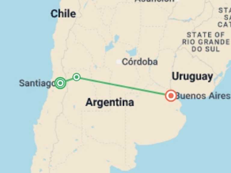 Map of Argentina and Chile Tour with 3 destination visits for the trip: Essential South America featuring Chile, the Mendoza Wine Region & Buenos Aires