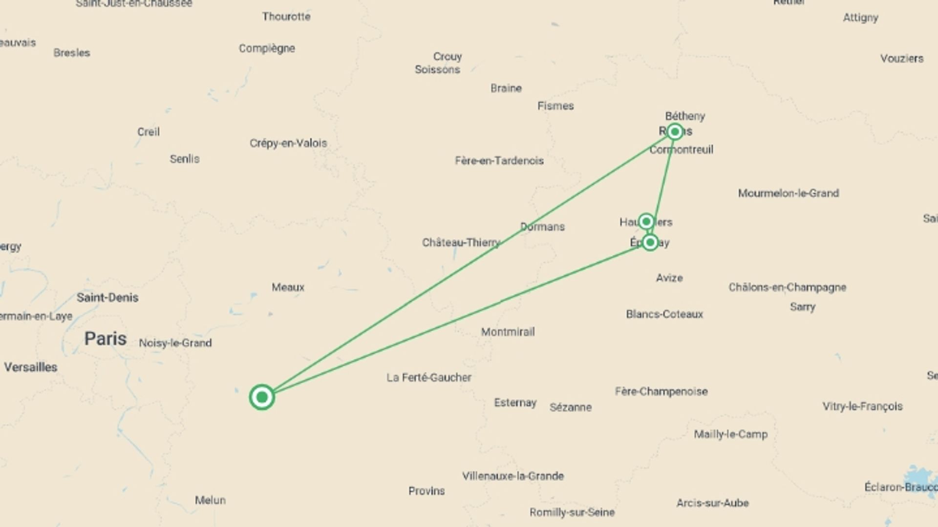 A map showing the tour itinerary for the trip: Cycle the Wine Route of Champagne, starting in Champagne, France and ending in Champagne, France going through 3 other destinations.
