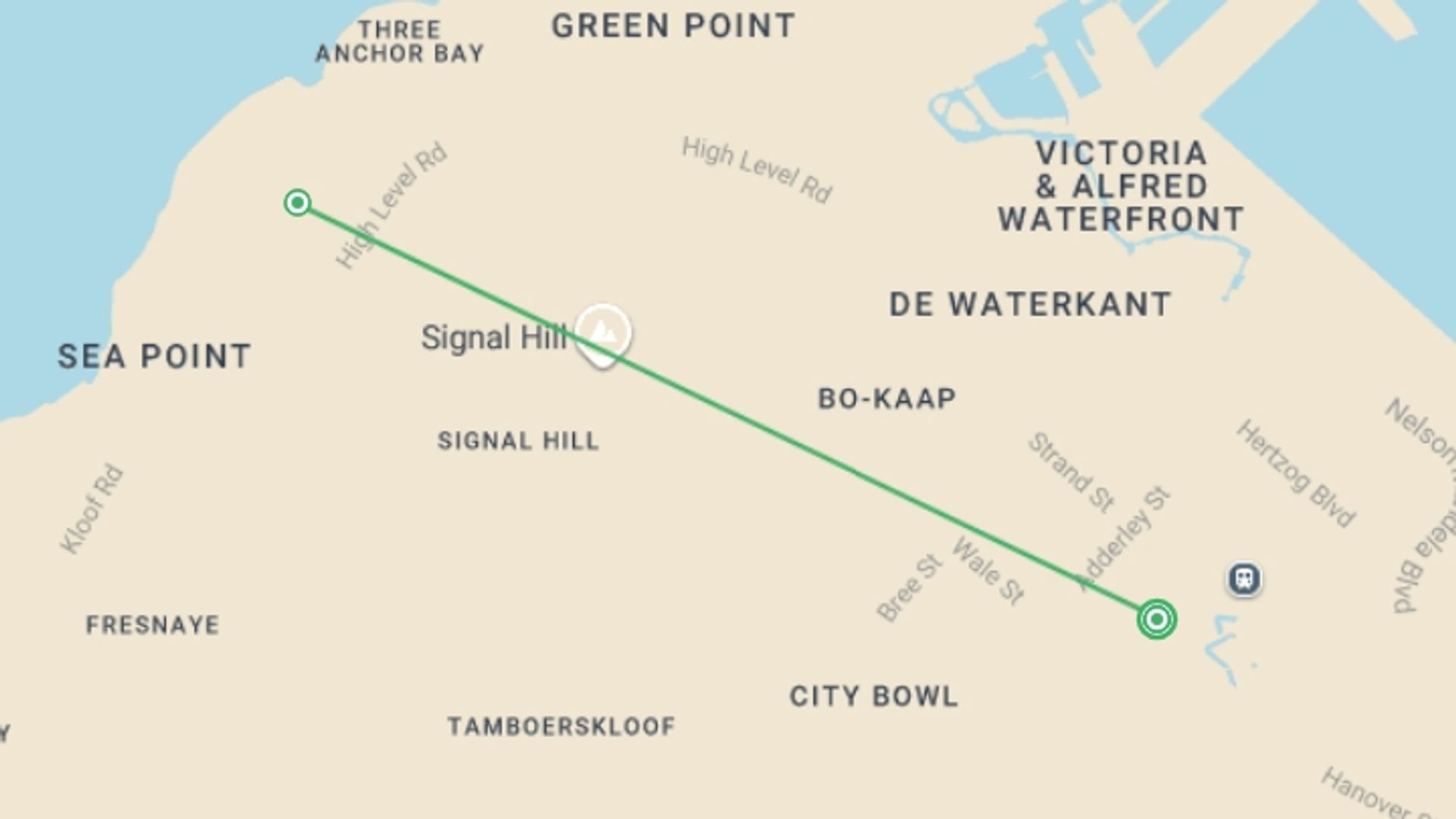 A map showing the tour itinerary for the trip: Classic Cape Town and Safari, starting in Cape Town, South Africa and ending in Cape Town, South Africa going through 1 other destinations.
