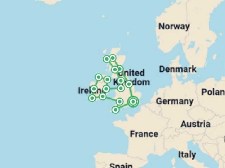 Map itinerary of Europe Tour in April 2027 with 16 destination visits for the trip: Britain and Ireland Grandeur