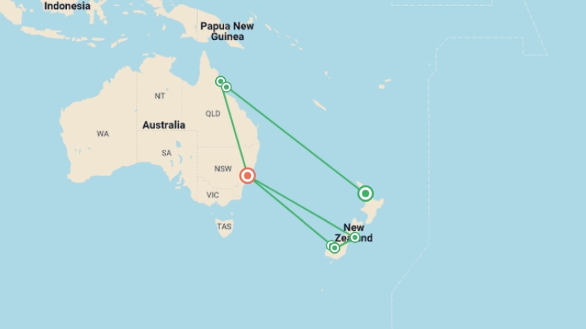 A map showing the tour itinerary for the trip: South Pacific Wonders including New Zealand's North Island, starting in Auckland, New Zealand and ending in Sydney, Australia going through 2 other destinations.