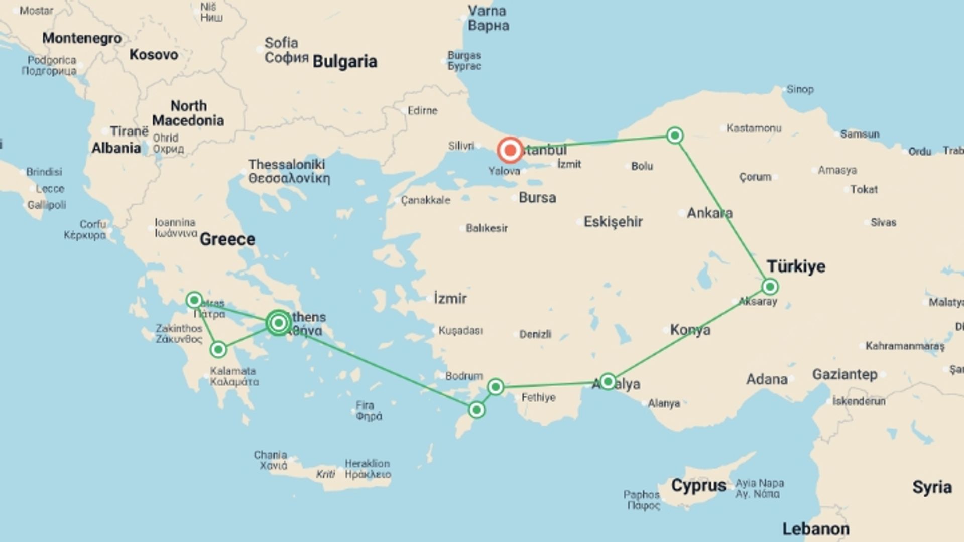 A map showing the tour itinerary for the trip: Athens, Peloponnese and Amazing Turkey, starting in Athens, Greece and ending in Istanbul, Turkey going through 7 other destinations.