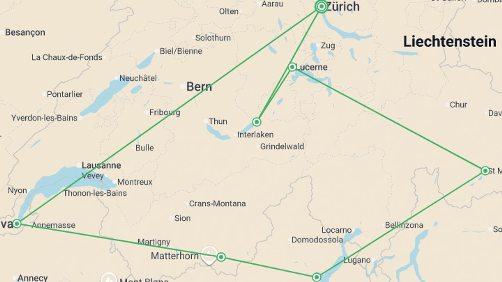 A map showing the tour itinerary for the trip: Best of Switzerland, starting in Zurich, Switzerland and ending in Zurich, Switzerland going through 6 other destinations.