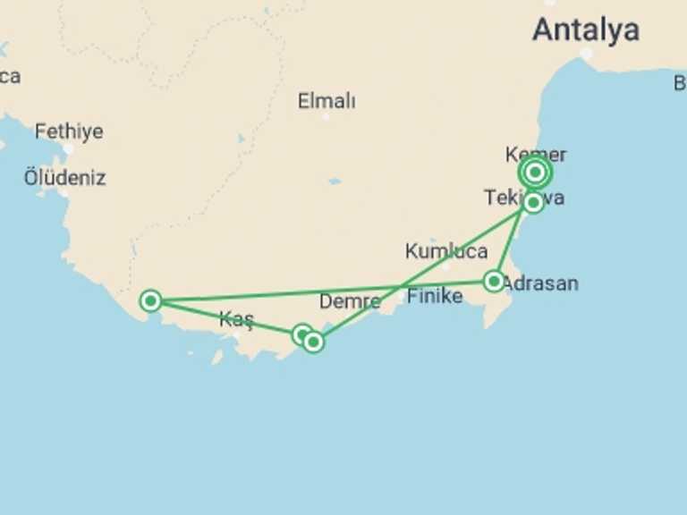 Map of Turkey Tour with 6 destination visits for the trip: Gulet Cruise, Kemer – Kekova – Kemer