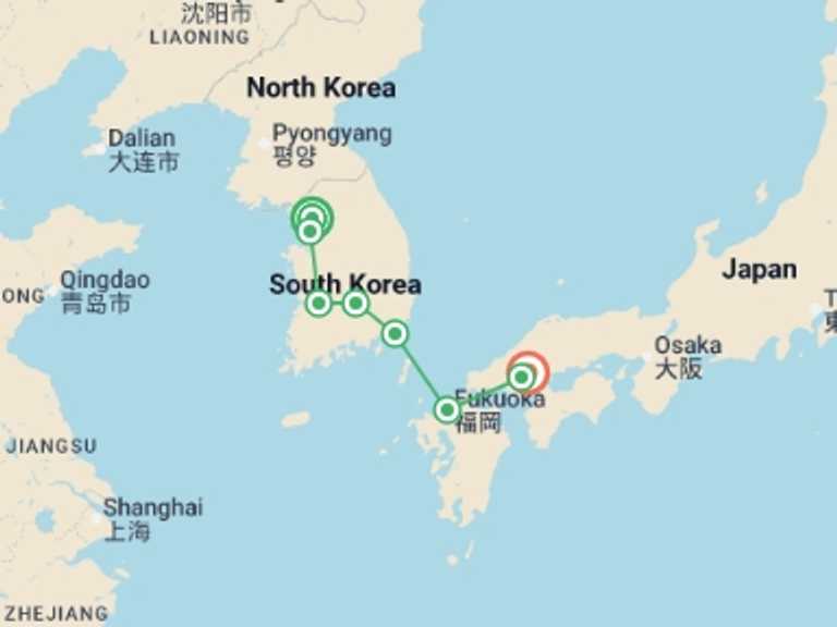 Map itinerary of Asia Tour in July 2026 with 5 destination visits for the trip: From Seoul to Hiroshima