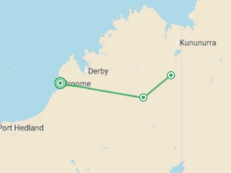 Map of Oceania Tour with 3 destination visits for the trip: Broome to the Bungle Bungles