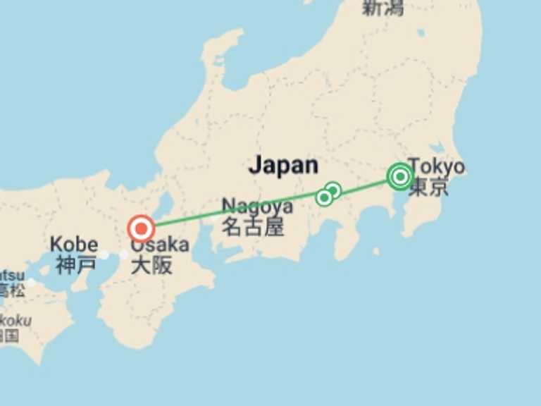 Map itinerary of Japan Tour in July 2026 with 4 destination visits for the trip: Japan Express