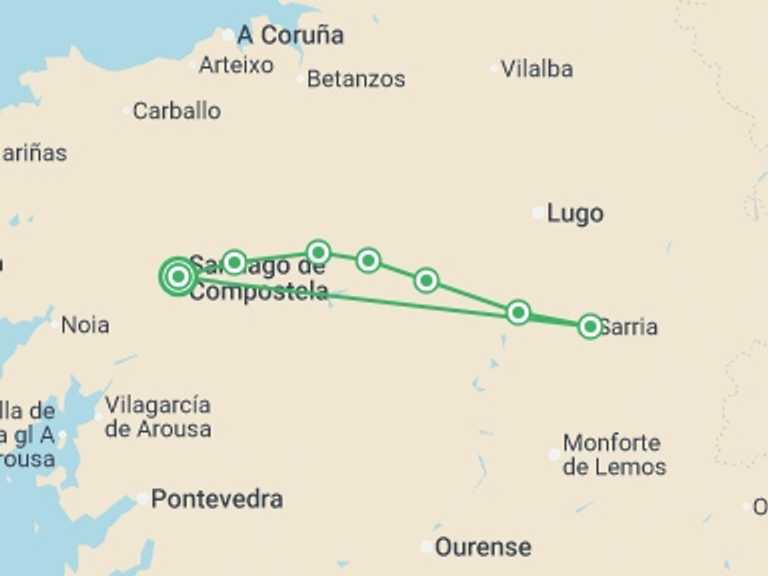Map itinerary of Mediterranean Tour in September 2026 with 7 destination visits for the trip: Camino de Santiago The French Way - 8 days
