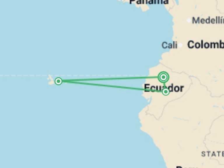 Map of Quito Wildlife Tour with 3 destination visits for the trip: Santa Cruz Island Diving Adventure 7D/6N