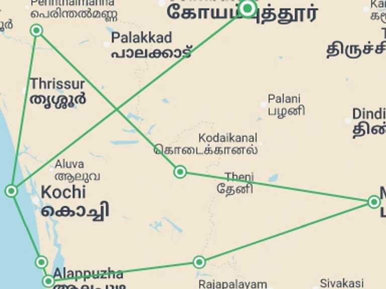 Map itinerary of Asia Tour in March 2027 with 8 destination visits for the trip: Kerala Heritage, Backwaters and Hill Country